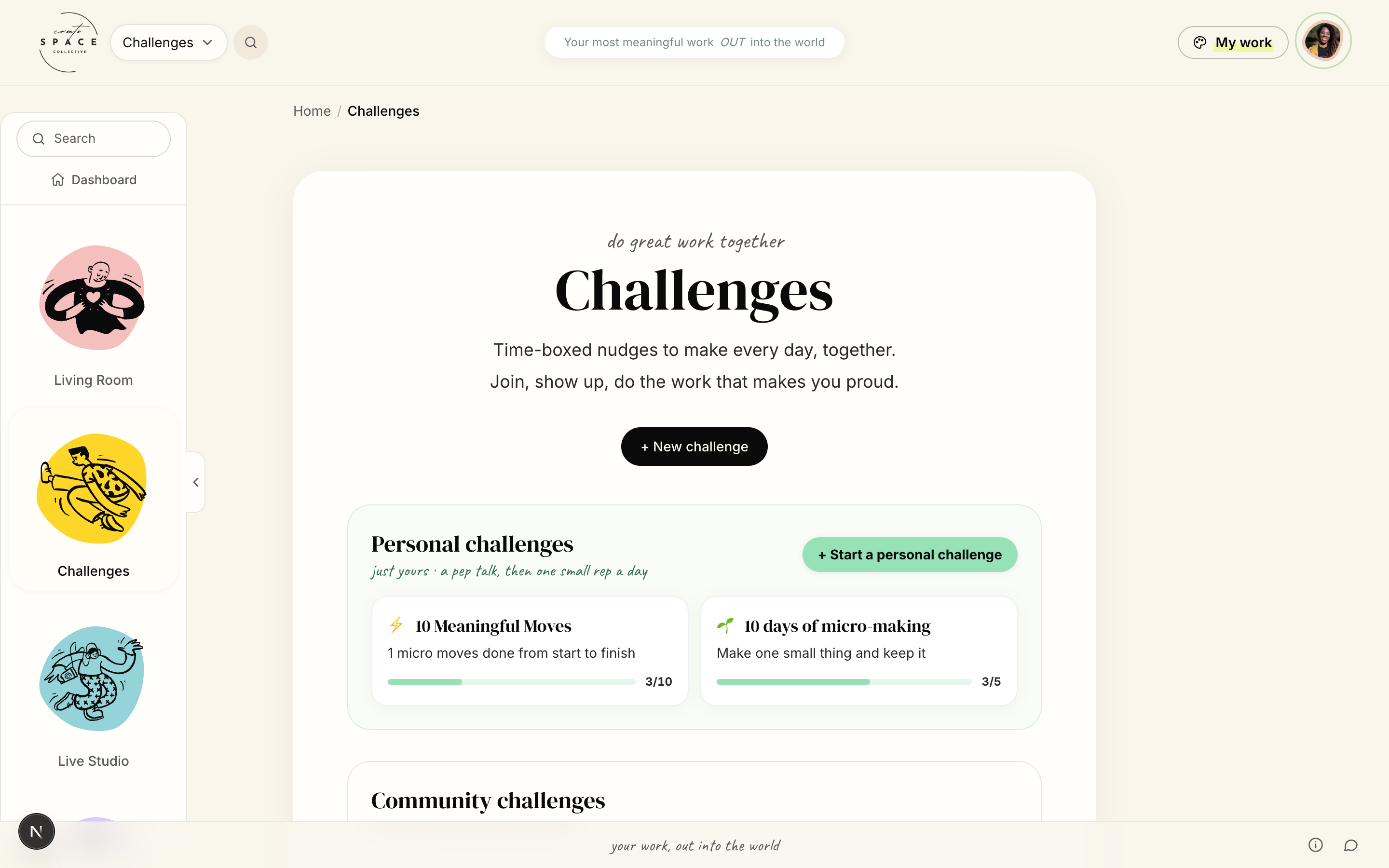 Challenges page split into personal and community challenges with progress bars
