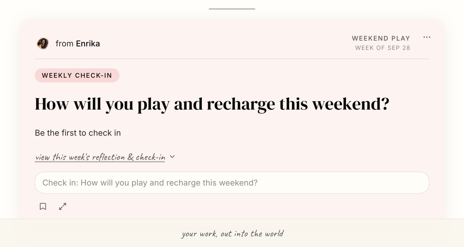 The weekly check-in card in the Living Room, dated by week