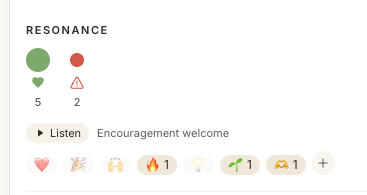 A resonance panel showing sentiment counts, a feedback level reading encouragement welcome, and reaction tallies