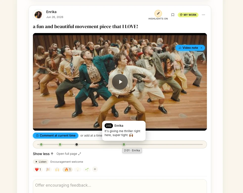 A video post with a note pinned at two minutes one second and markers along the timeline