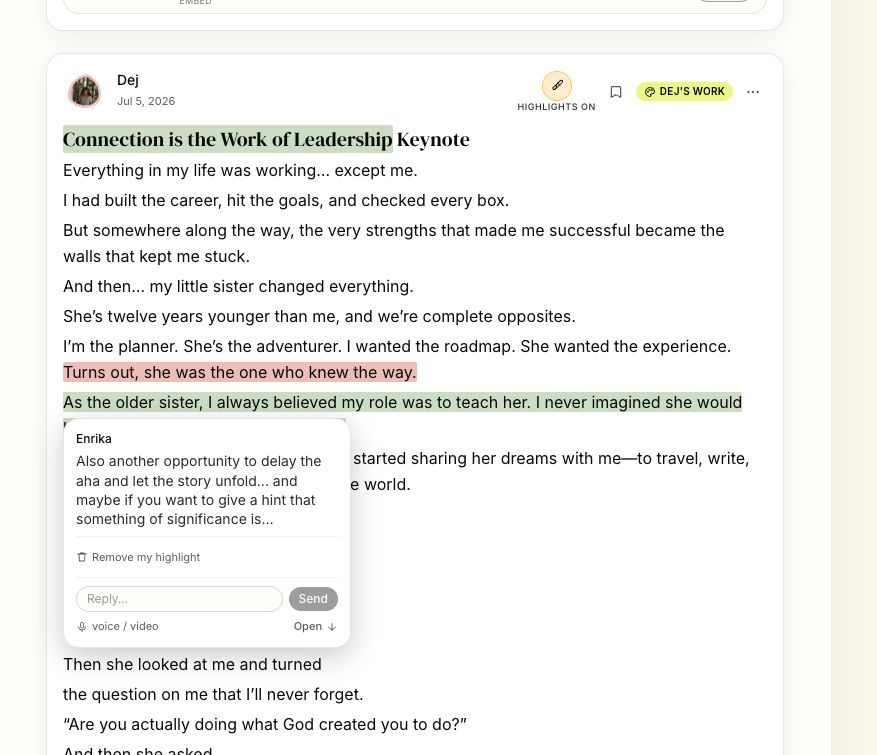 A written post with a highlighted phrase and a reply anchored to that phrase