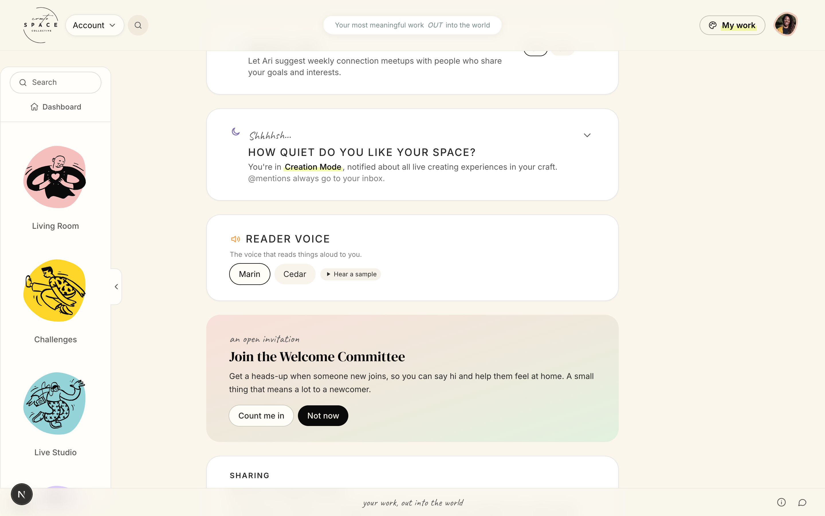 Account settings showing match-ups, a quietness control reading Creation Mode, a reader voice picker, and a Welcome Committee invitation