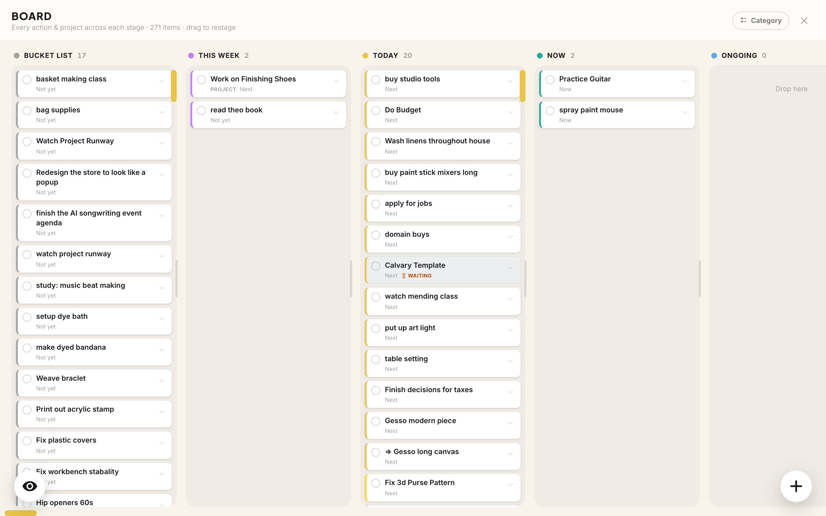 The Board: Bucket List, This Week, Today, Now and Ongoing as columns, 271 items, drag to restage