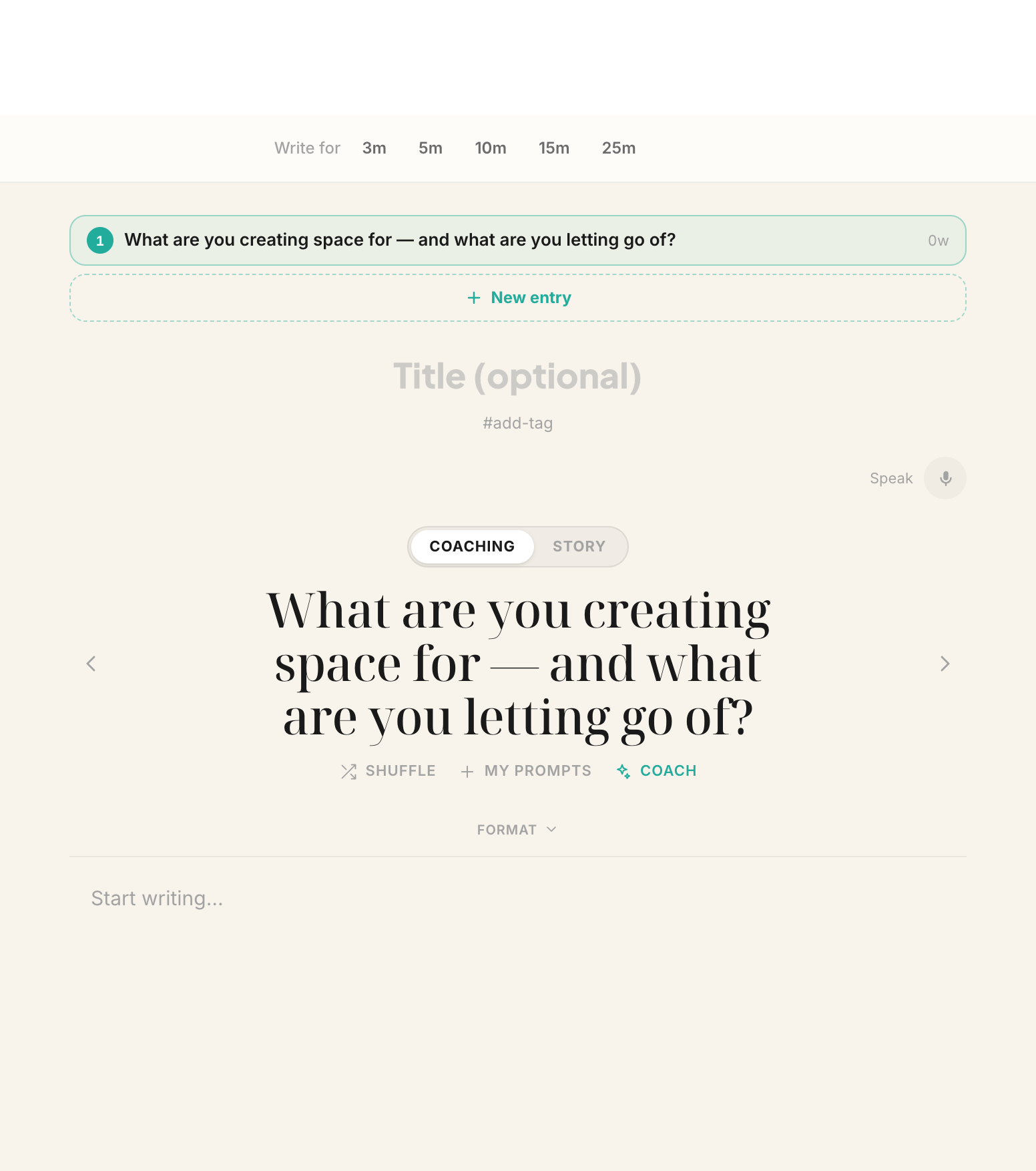 Write mode with a timed sprint, a coaching prompt, and speak to write