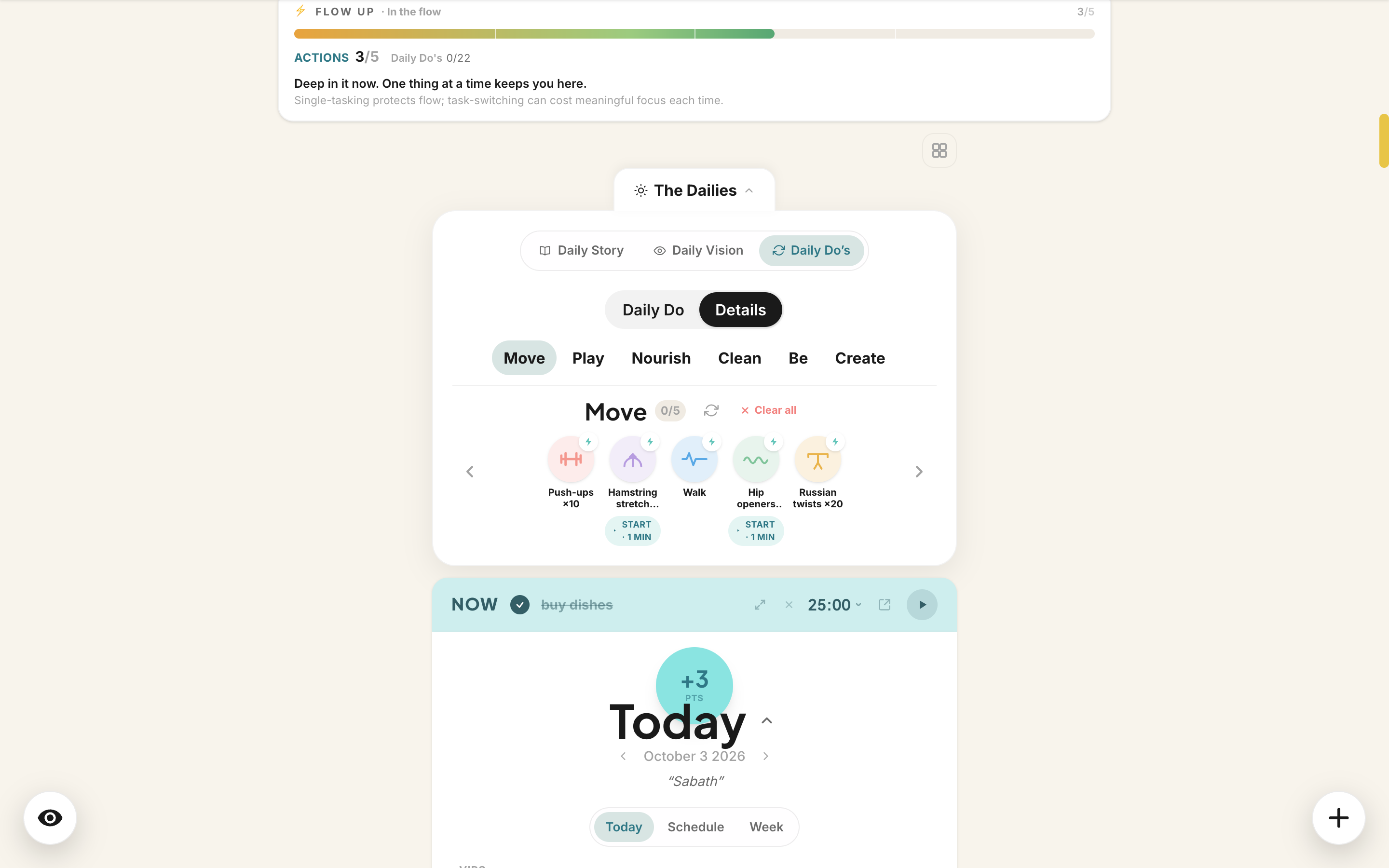 Daily Do details grouped by category: move, play, nourish, clean, be, create