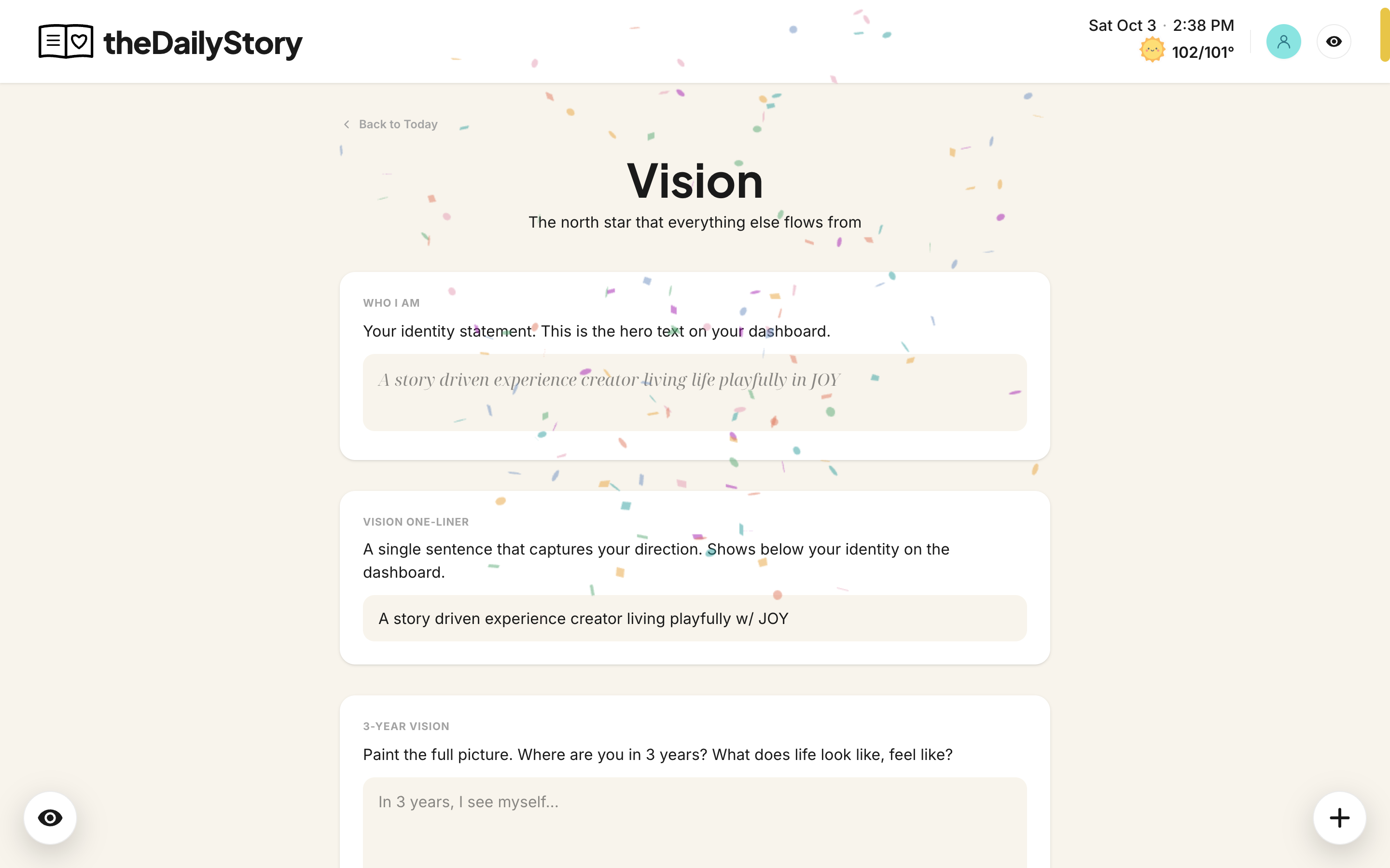 The Vision page: identity statement, vision one-liner and three year vision